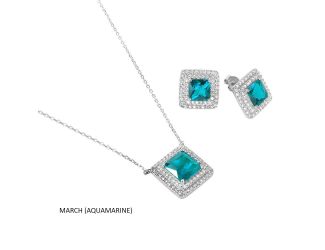 PARIKHS Rhodium Plated Square Aquamarine and CZ Cluster March Birthstone Set in 925 Sterling Silver