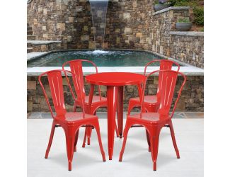 24" Round Red Metal Indoor-Outdoor Table Set with 4 Cafe Chairs