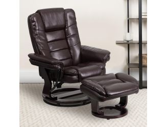 Brown LeatherSoft Multi-Position Recliner &Ottoman w/Swivel Mahogany Wood Base