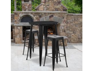 30" Round Black Metal Indoor-Outdoor Bar Table Set with 2 Backless Stools