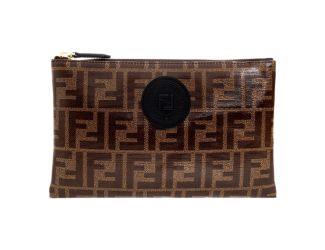 Fendi FF Zucca Brown Coated Canvas Flat Zipper Pouch Clutch