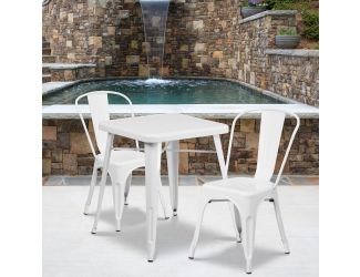 23.75" Square White Metal Indoor-Outdoor Table Set with 2 Stack Chairs