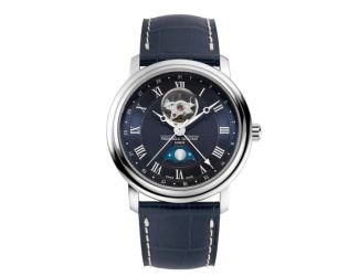 Men's Classic Heart Beat Moonphase Date Navy Leather Strap Watch Navy Dial