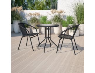 23.75" Round Glass Metal Table with 2 Black Rattan Stack Chairs