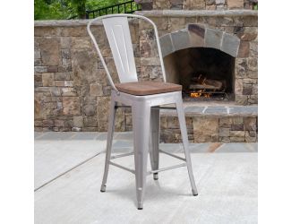 24" High Silver Metal Counter Height Stool with Back and Wood Seat