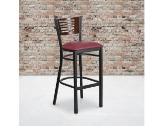 Black Slat Back Metal Restaurant Barstool - Walnut Back, Burgundy Vinyl Seat