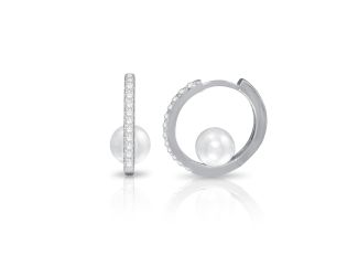 PARIKHS Rhodium Plated CZ Pearl Center Hoop Earrings in 925 Sterling Silver