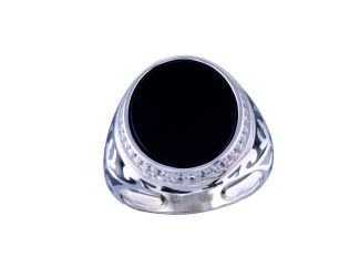 PARIKHS Men's Rhodium Plated Flat Oval Onyx Ring with CZ in 925 Sterling Silver - Size-12