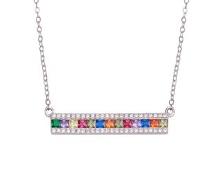 PARIKHS Rhodium Plated Rainbow Multi Color CZ Bar Necklace in 925 Sterling Silver