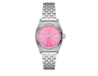 Unisex Small Time Teller Silver-Tone Stainless Steel Watch Pink Dial