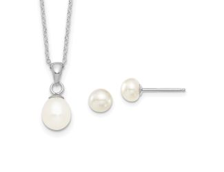 Sterling Silver Rhodium-plated 6-7mm White FWC Pearl Earring/Necklace Set