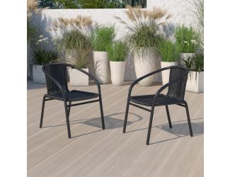 2 Pack Black Rattan Indoor-Outdoor Restaurant Stack Chair with Curved Back