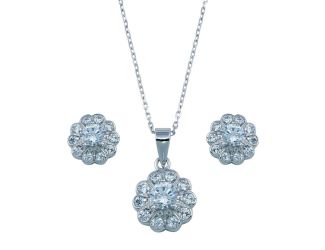 PARIKHS Rhodium Plated Clear Flower CZ Necklace-Earring Set in 925 Sterling Silver