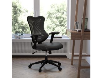 High Back Black Mesh Ergonomic Chair with LeatherSoft Seat and Adjustable Arms