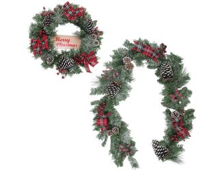 24-in. Wreath and 6-ft. Garland Set, Snow Flocked with Pinecones and Bows