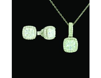 Beautiful sterling silver "Cushion Halo" Earrings and Necklace combination with cubic zirconia