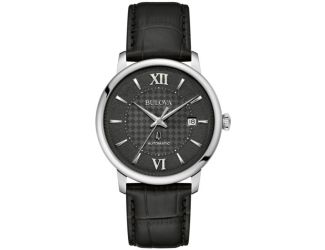 Men's Hudson Automatic Black Leather Strap Watch Black Basketweave Dial