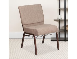 21"W Church Chair in Beige Fabric with Book Rack - Copper Vein Frame