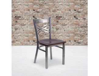 Clear Coated "X" Back Metal Restaurant Chair - Walnut Wood Seat