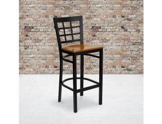 Black Window Back Metal Restaurant Barstool - Cherry Wood Seat