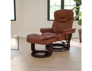 Brown Vintage LeatherSoft Recliner and Curved Ottoman with Mahogany Wood Base