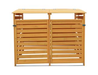 Wooden Trash and Recyclables Bin Storage Shed with Dual Front Doors and Hinged Top Lids, 4.9 Ft. x 3