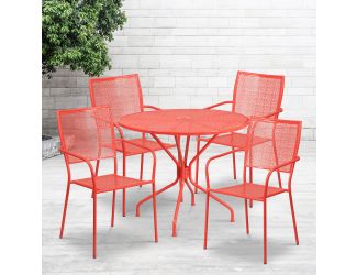35.25" Round Coral Indoor-Outdoor Steel Patio Table Set w/ 4 Square Back Chairs