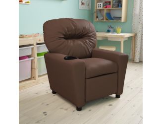 Contemporary Brown LeatherSoft Kids Recliner with Cup Holder - Hardwood Frame