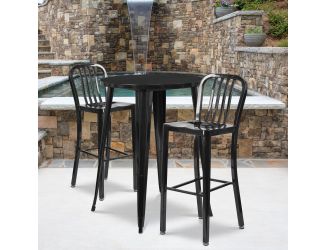 30" Round Black Metal Indoor-Outdoor Bar Table Set with 2 Slat Back Stools