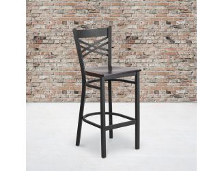 Black "X" Back Metal Restaurant Barstool - Walnut Wood Seat