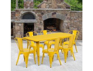 31.5" x 63" Rectangular Yellow Metal Indoor-Outdoor Table Set w/ 6 Stack Chairs