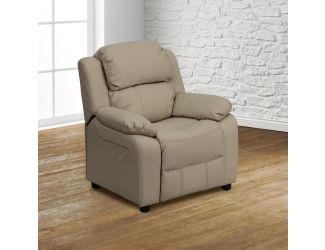 Deluxe Padded Contemporary Beige Vinyl Kids Recliner with Storage Arms