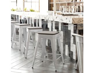 Indoor/Outdoor Backless Counter Stool with Poly Seat - White/Gray