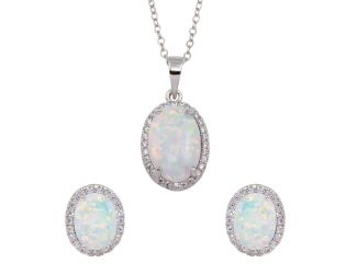 PARIKHS Rhodium Plated Oval Synthetic Opal Necklace-Earring Set with CZ in 925 Sterling Silver