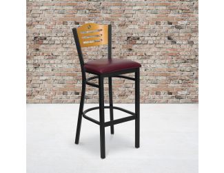 Black Slat Back Metal Restaurant Barstool - Natural Wood Back, Burg Vinyl Seat