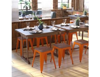 Set of 4 Orange 18" Table Height Indoor Stackable Metal Stool with Wood Seat