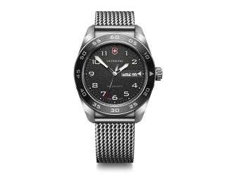 Mens Swiss Army Quartz Silver-Tone Stainless Stele Mesh Watch Black Dial