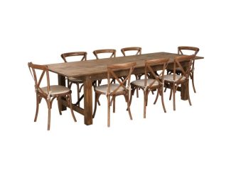 9' x 40" Rustic Folding Farm Table Set with 8 Cross Back Chairs and Cushions