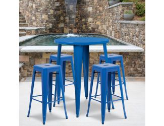 30" Round Blue Metal Indoor-Outdoor Bar Table Set with 4 Backless Stools