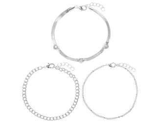 Chain Link Bracelets Set of 3 with Heart CZs- Silvertone