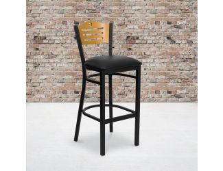 Black Slat Back Metal Restaurant Barstool - Natural Wood Back, Black Vinyl Seat