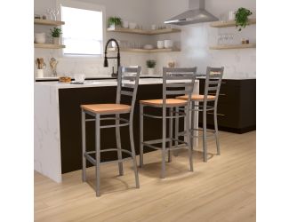 Clear Coated Ladder Back Metal Restaurant Barstool - Natural Wood Seat