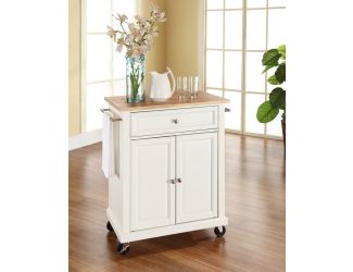 Natural Wood Top Portable Kitchen Cart in White Finish