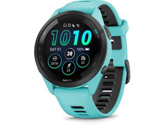 Forerunner 265, Black Bezel and 46mm Aqua Case with Aqua Silicone Band