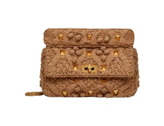 Valentino Garavani Roman Stud Large Shoulder Bag Brown Knit Cashmere