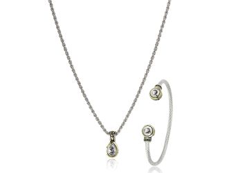 Beijos 9X6mm Pear Shape Bezel Set Pendant & Small Cuff Bracelet, Clear CZ. N5020-AF05 & B5029-AF00