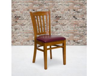 Vertical Slat Back Cherry Wood Restaurant Chair - Burgundy Vinyl Seat