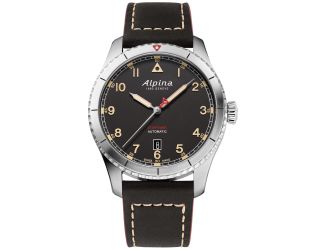 Alpina Mens Automatic Startimer Leather Strap Watch, Black dial