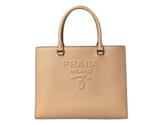 Prada Saffiano Sabbia Sand Beige Lux Logo Embossed Medium Shoulder Tote Handbag