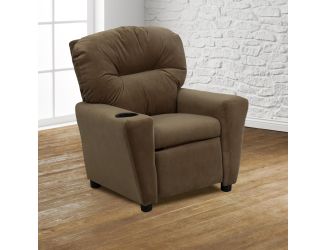 Contemporary Brown Microfiber Kids Recliner with Cup Holder - Hardwood Frame